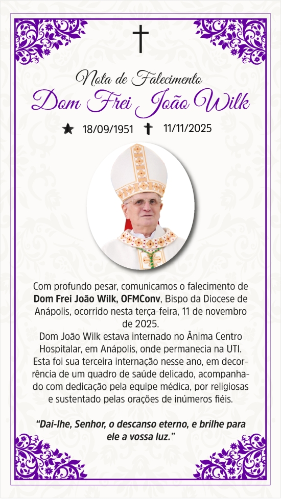 Nota de Falecimento: Dom Frei Jo&atilde;o Wilk
